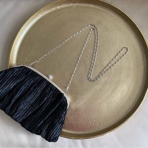 Neiman Marcus Black Satin Evening Clutch Bag Silver Chain Rhinestone Clasp
